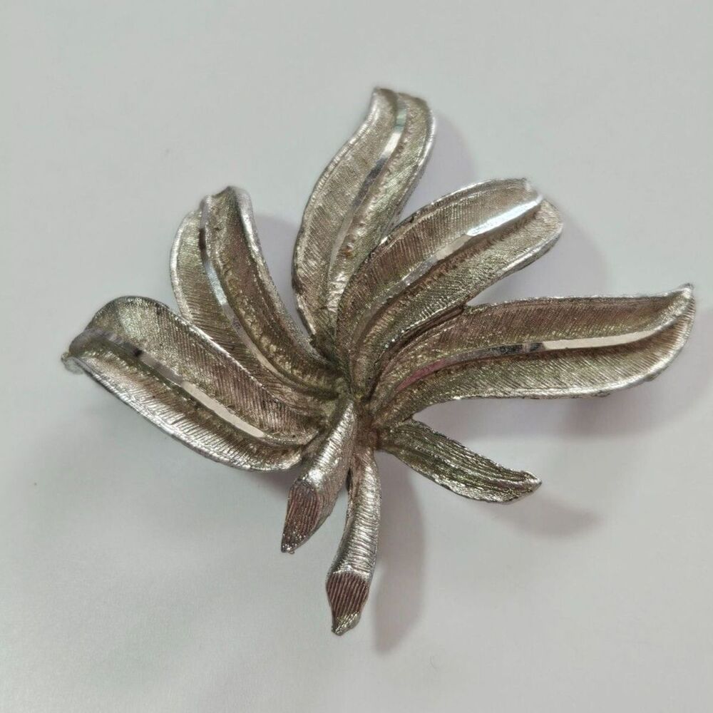 J.S. Silver Tone Vintage Leafy Feathery Brooch